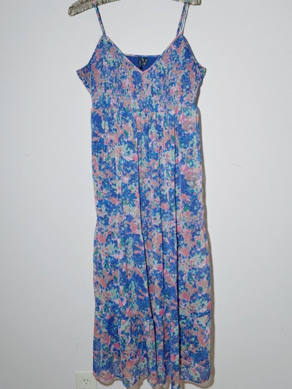 Vero Moda Spaghetti Straps Smocked Top V-Neck Maxi Floral Dresses Sz L Blue